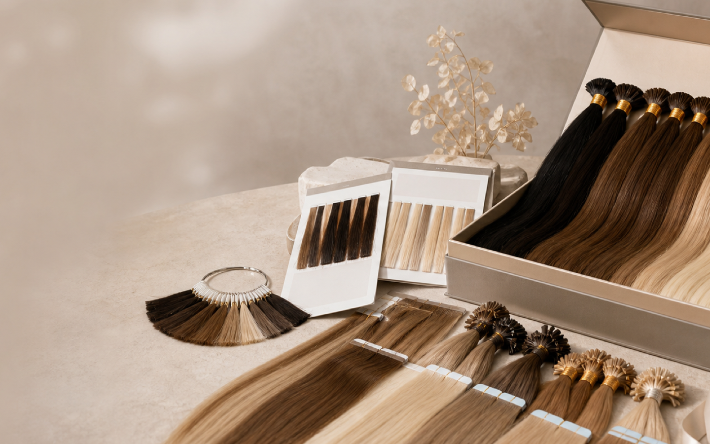 Human hair extension sample kit and colour swatches